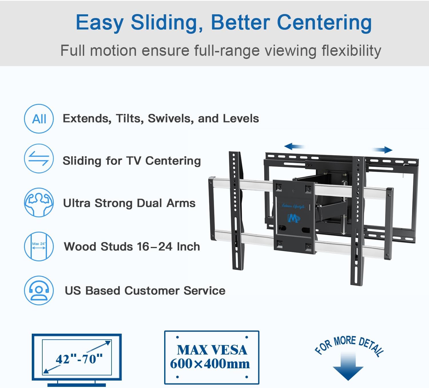 Mounting Dream Full Motion TV Wall Mount with Sliding Design, Tilt and Swivel TV Mount for 42-70 inch TV up to 100 lbs, Max VESA 600×400 mm, Fits 16-24 inch Wood Studs, MD2198-X1