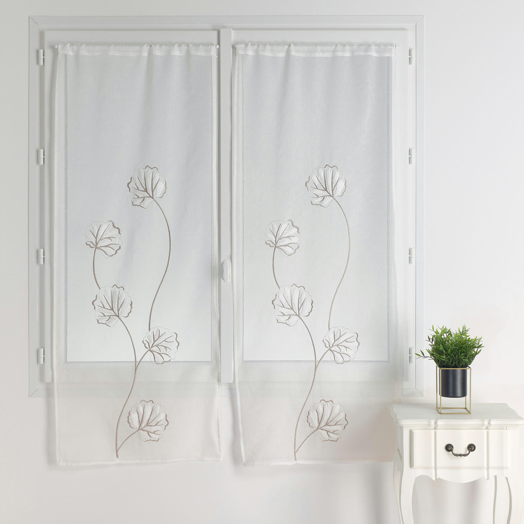 - Paire de vitrages au style floral polyester blanc 60x160 cm