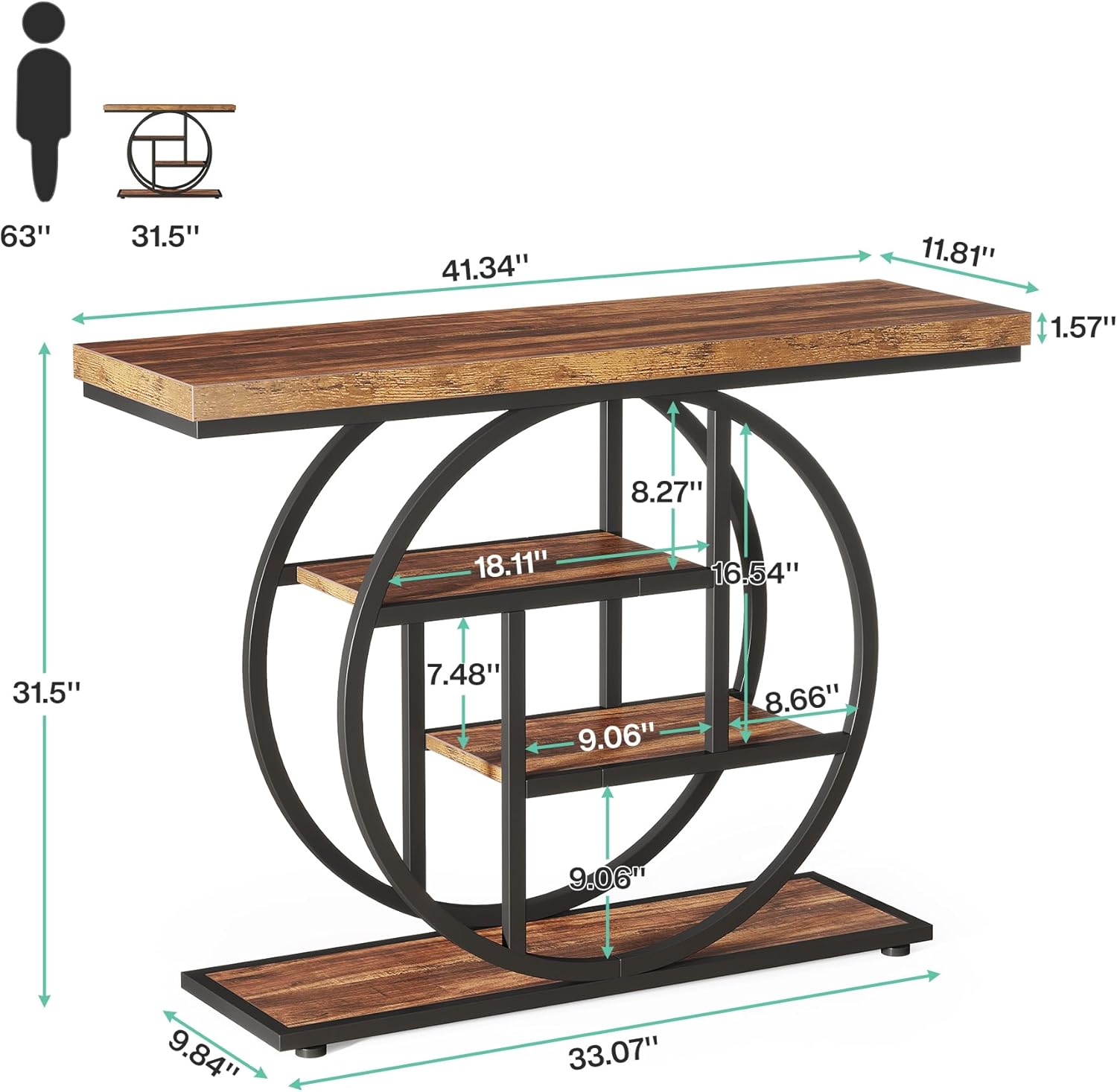 Tribesigns 41.3 Console Table, Industrial 4-Tier Sofa Table Entryway Table with Circle Base, Narrow Wood Accent Tables with Storage Shelves for Living Room, Hallway, Foyer, Rustic Brown