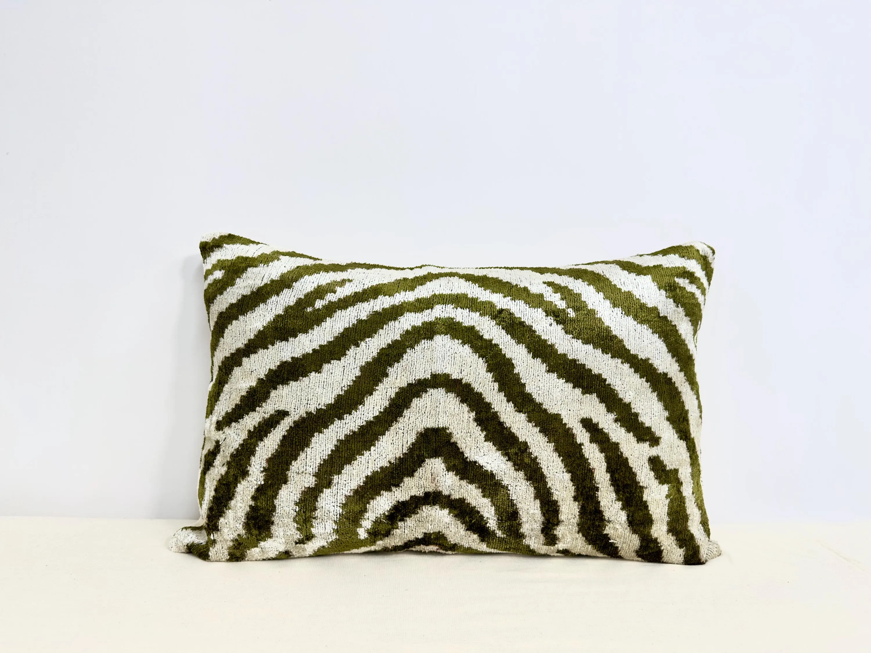 Green Zebra Ikat Velvet Lumbar Pillow Cover: Handmade Silk Cushion (16x24)
