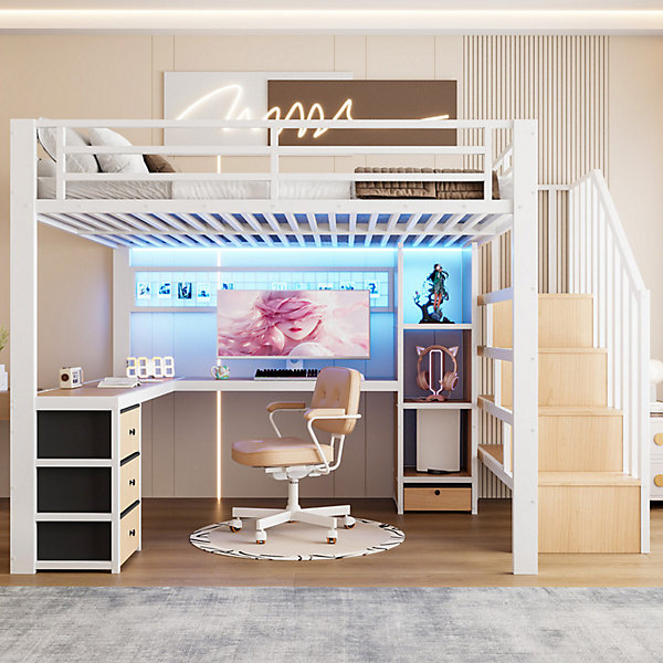 Lit mezzanine 140x200 cm en fer - Compartiments de rangement - 4 tiroirs - LED - Bureau et escalier - Blanc (sans matelas)