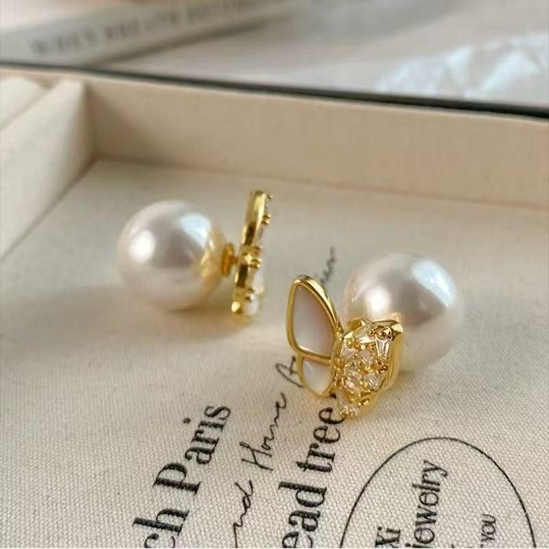 PEACH ACCESSORIES Gold Crystals Butterfly Pearl Drop Earrings