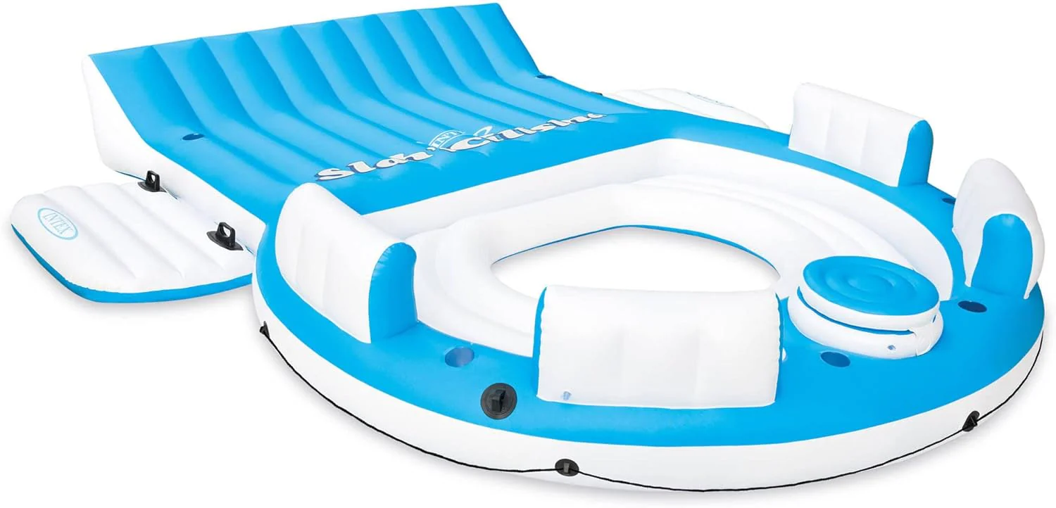 56299EP 145 x 125 x 20 Inch Splash N Chill Inflatable Lake and Pool Relaxation Island Lounger Seat for up to 7 Adults, Blue and White(Inflatable Island)