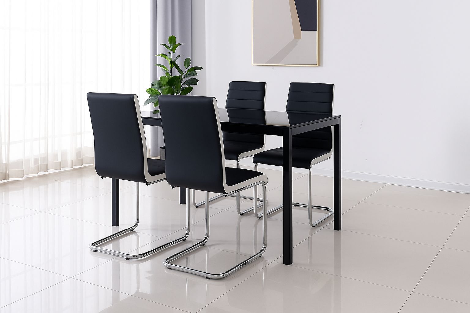 KOSY KOALA Black Glass Rectangle Dining Table Set With 4 Faux Leather Chairs