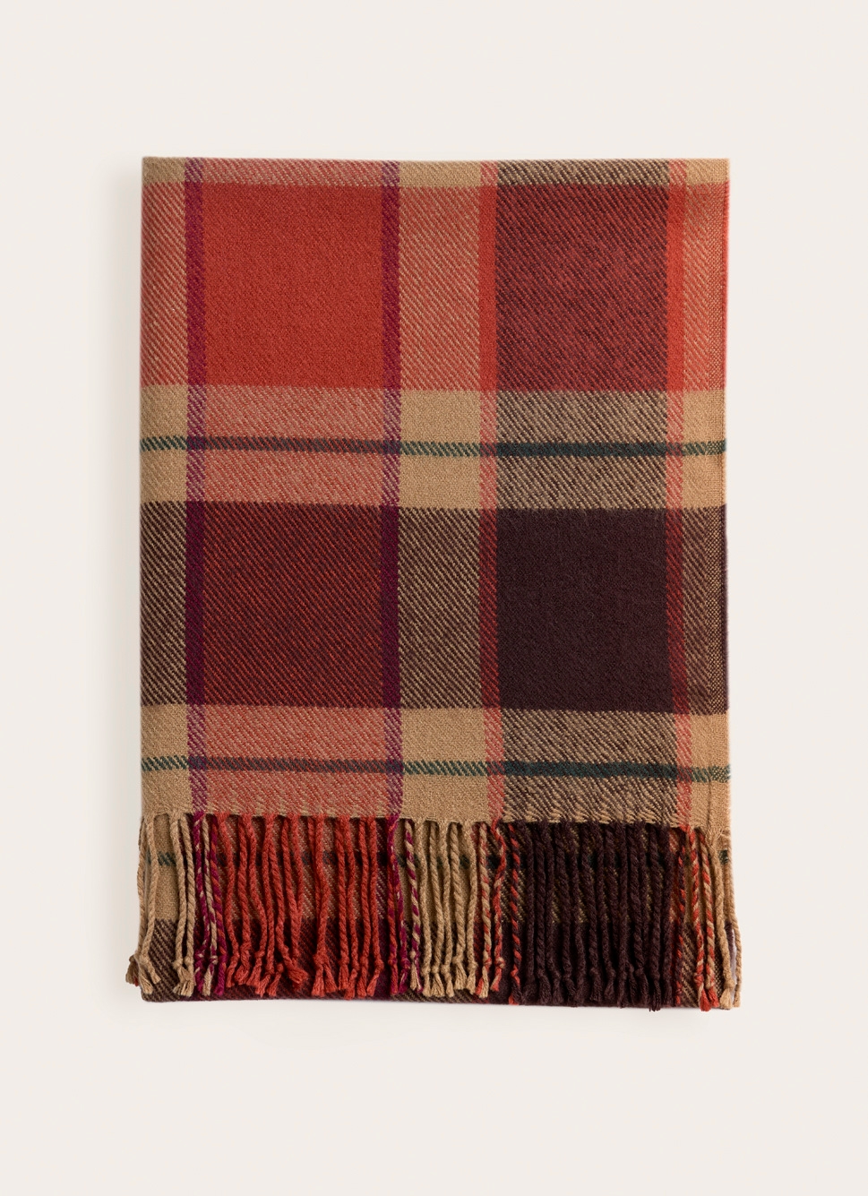 PLAID à CARREAUX AVEC FINITIONS FRANGÉES ROUILLE