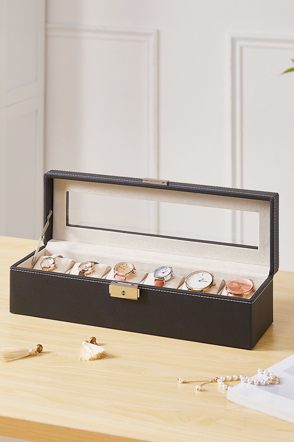 SHEONLY 6-Slot Elegant Faux Leather Watch Display Case