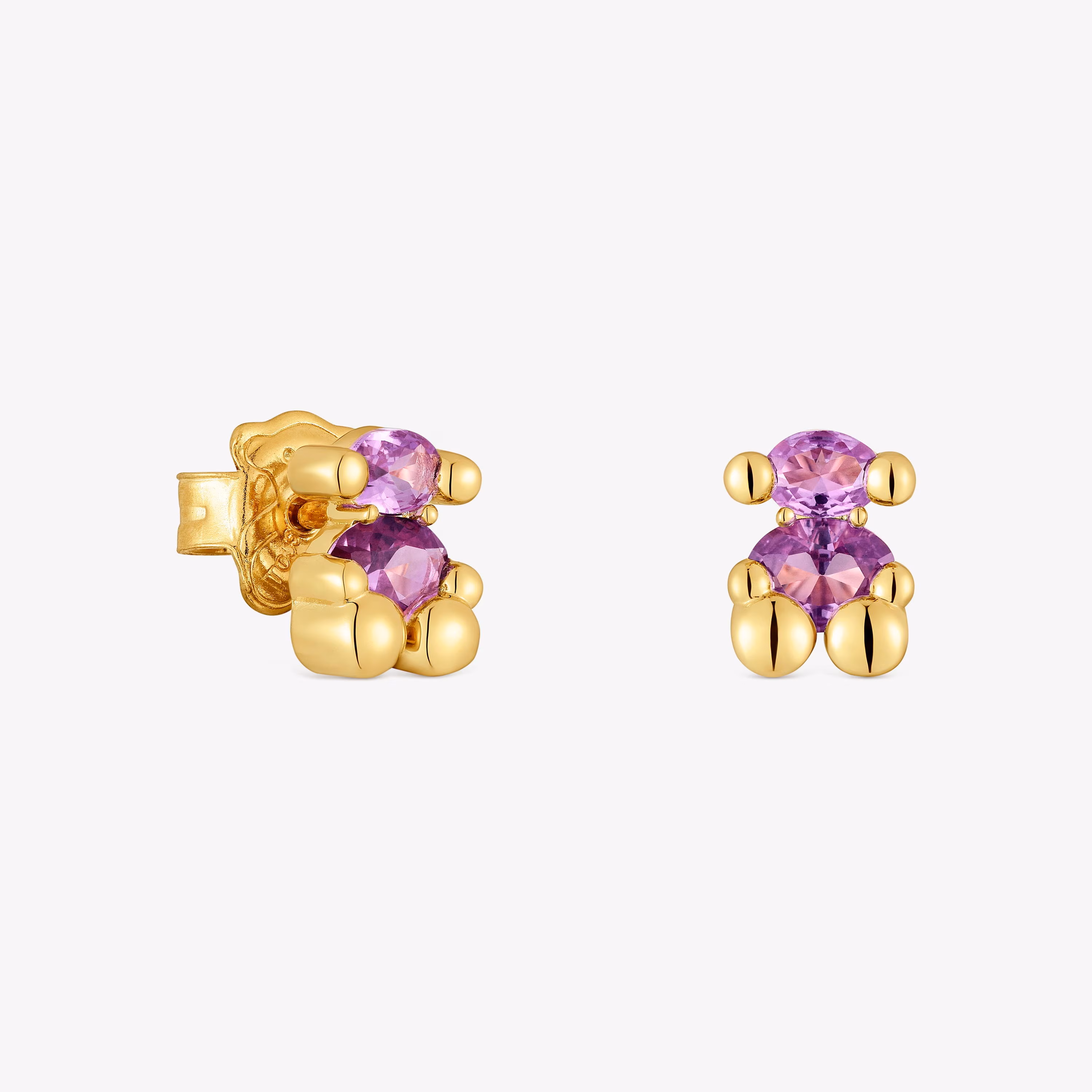 Pendientes motivo oso con baño de oro 18 kt sobre plata y zafiro lila creado en laboratorio 8 mm Color Bear LGG