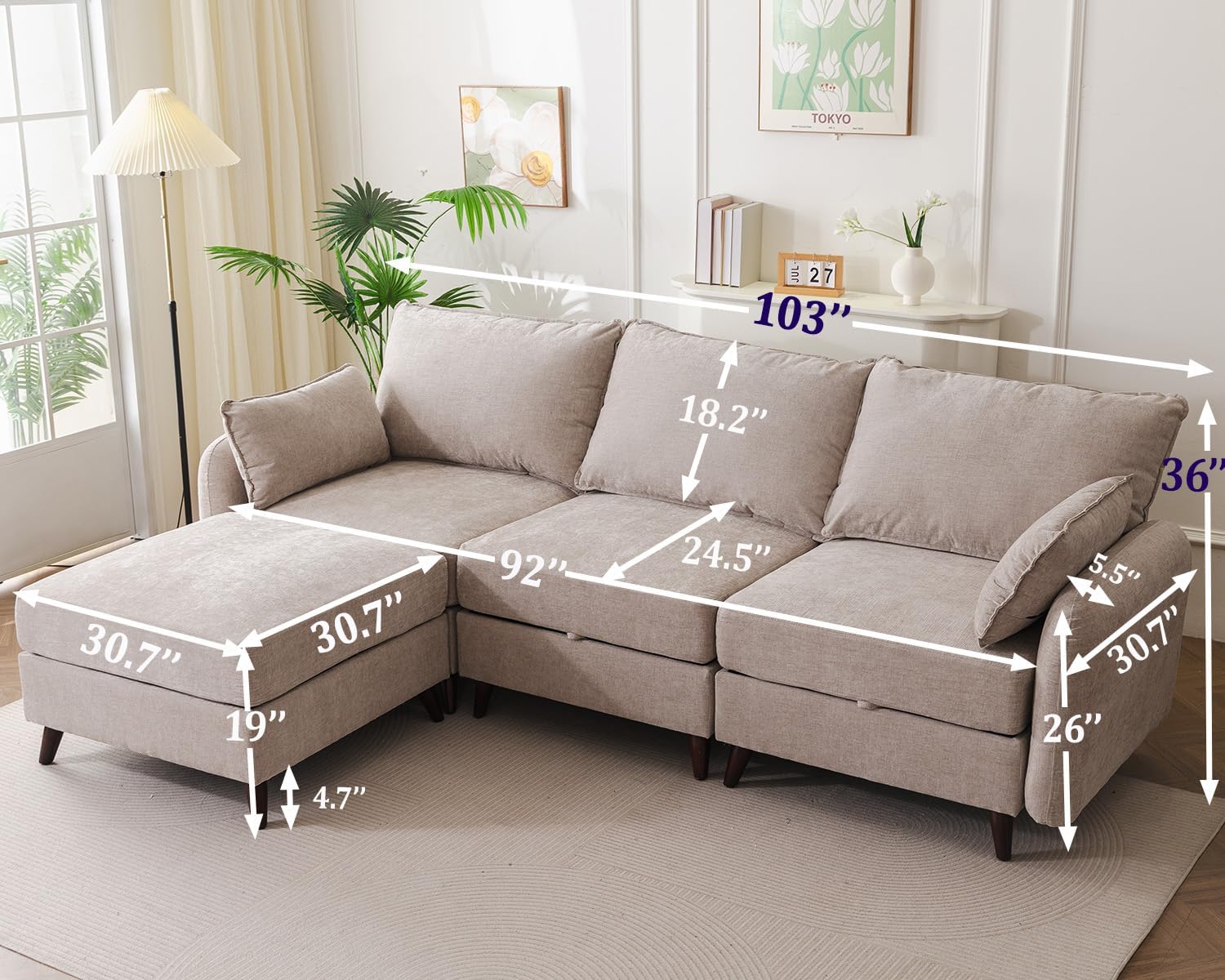 104'' Modular Sectional Sofa with Seats Storage,Oversized L Shaped Couch with Deep Seat,3-Seater Comfy Cloud Couches for Living Room, Movable Ottoman,Chenille,Khaki