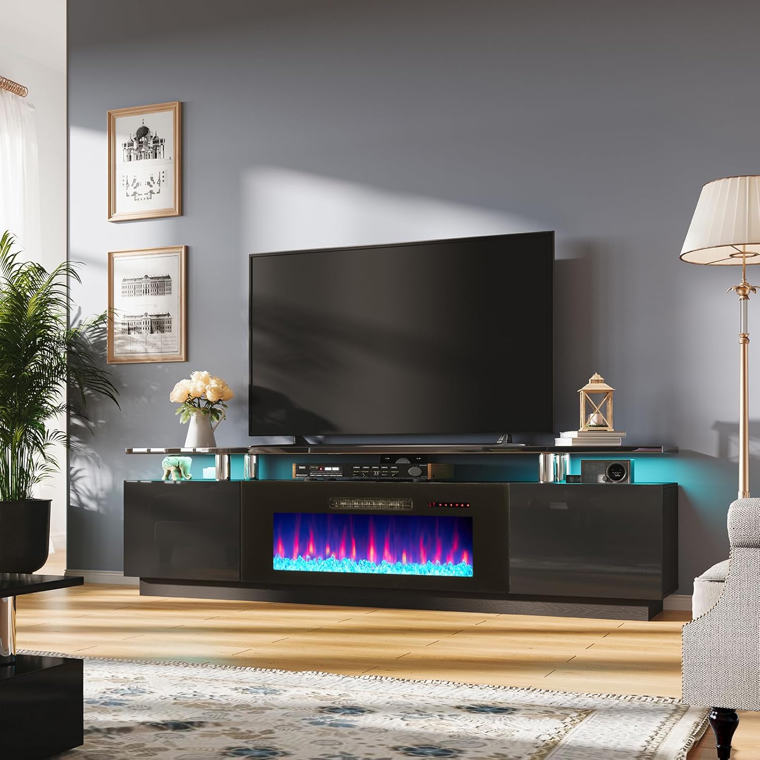 AMERLIFE Fireplace TV Stand with 40 Fireplace, 80 Modern Fireplace Entertainment Center LED Lights, 2 Tier TV Console Cabinet for TVs Up to 90, Obsidian Black