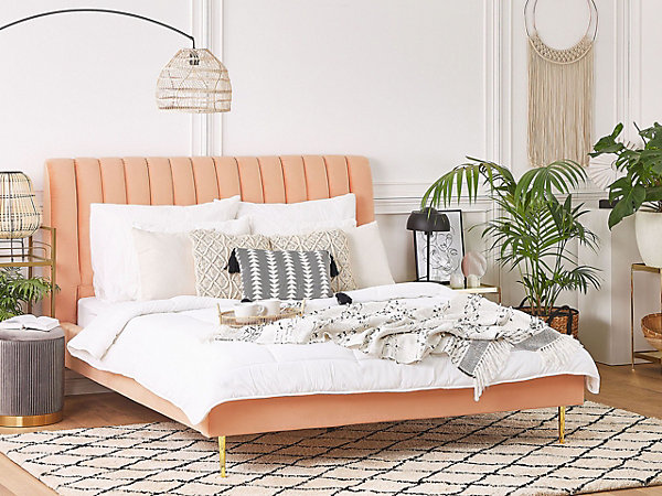 Lit avec sommier Velours MARVILLE 180 x 200 cm Rose pêche