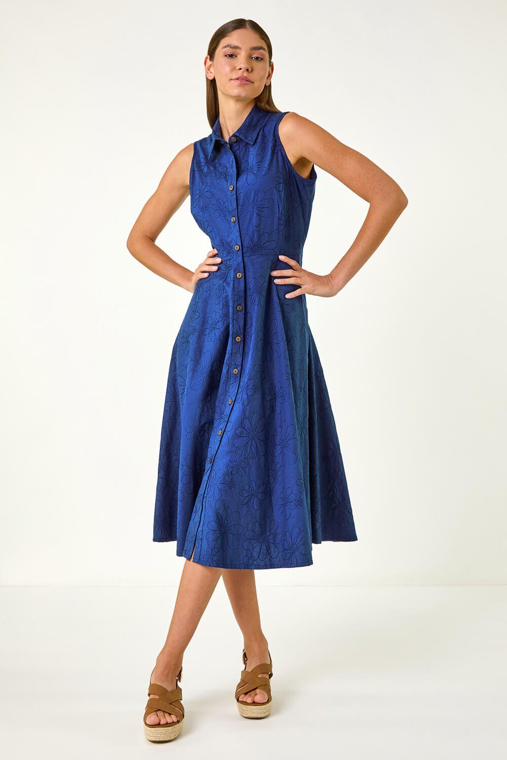 Roman Embroidered Buttoned Midi Dress