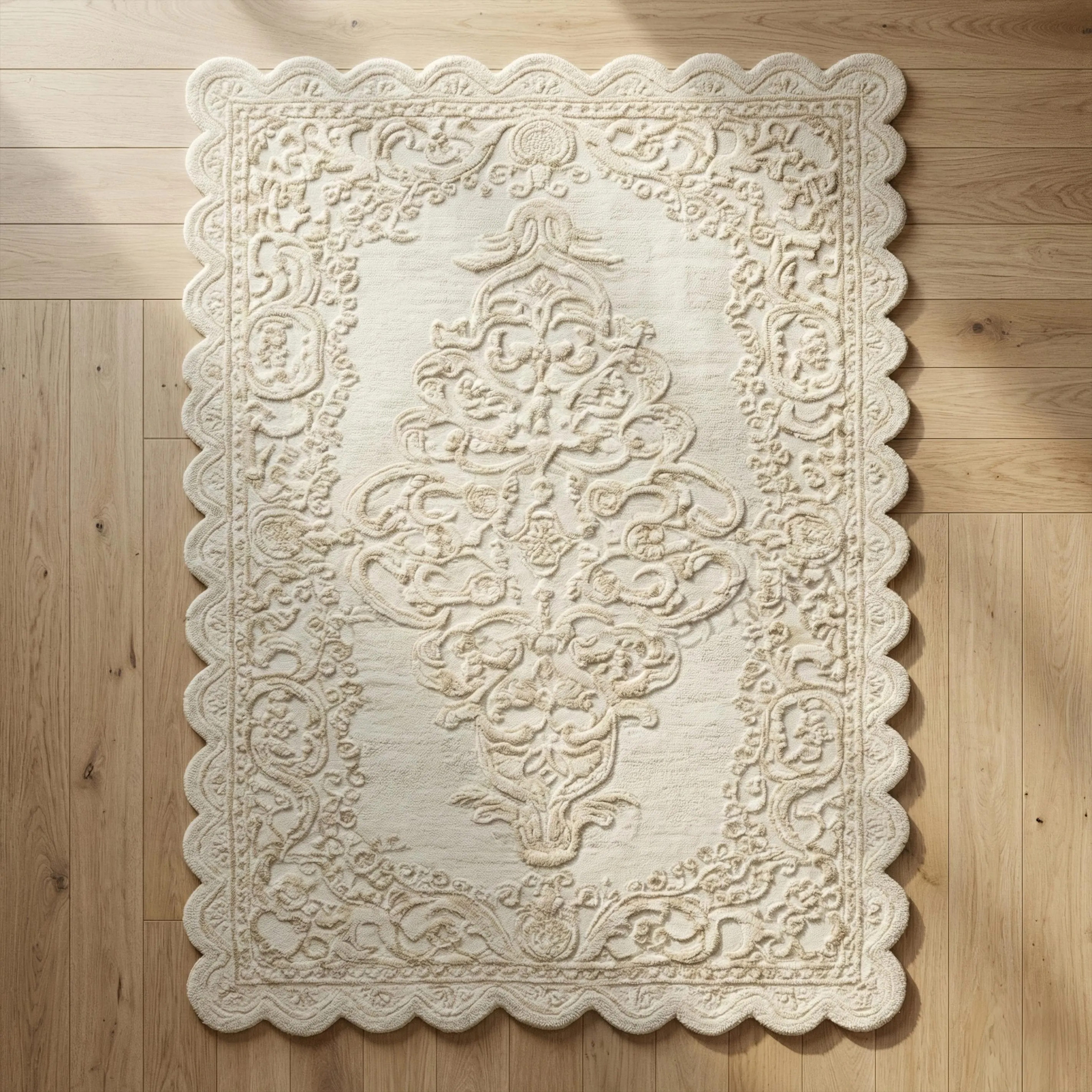 Floral Wool Rug | Ivory Scalloped Hand Tufted Area Rug | Modern Ornamental Living Room Rug | Custom Size