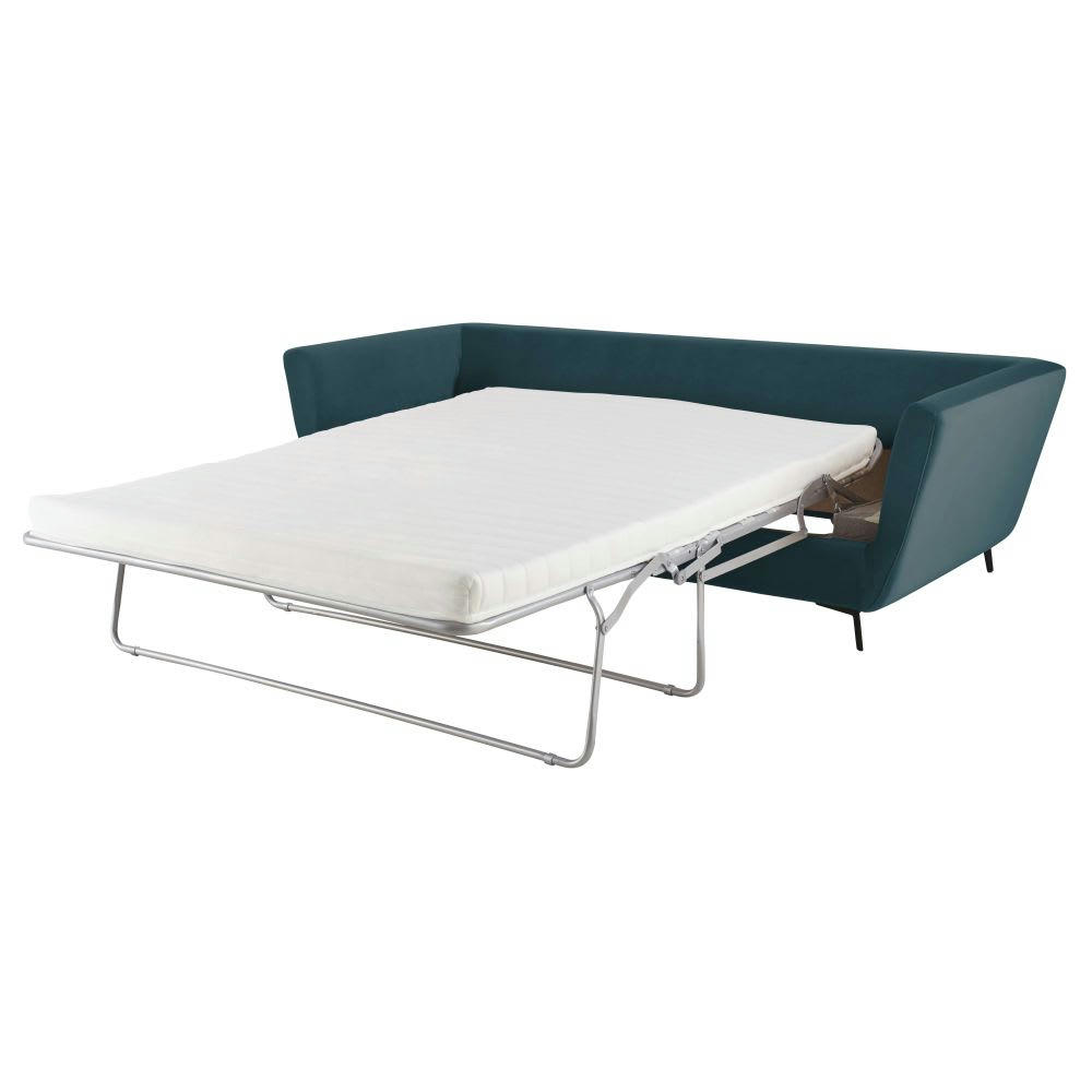 Prague - Canapé convertible 2/3 places en velours bleu paon