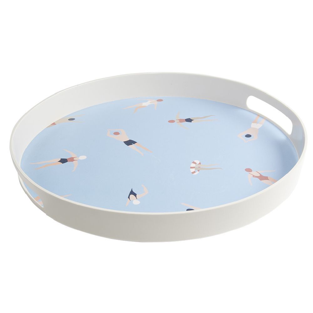 Plateau rond bleu et blanc motif nageur - plastique Ø34,5xH4cm