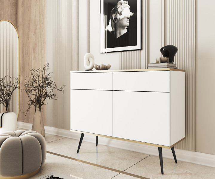 Komoda z szufladami ORINO 107cm biały ze złotymi detalami/czarne nóżki