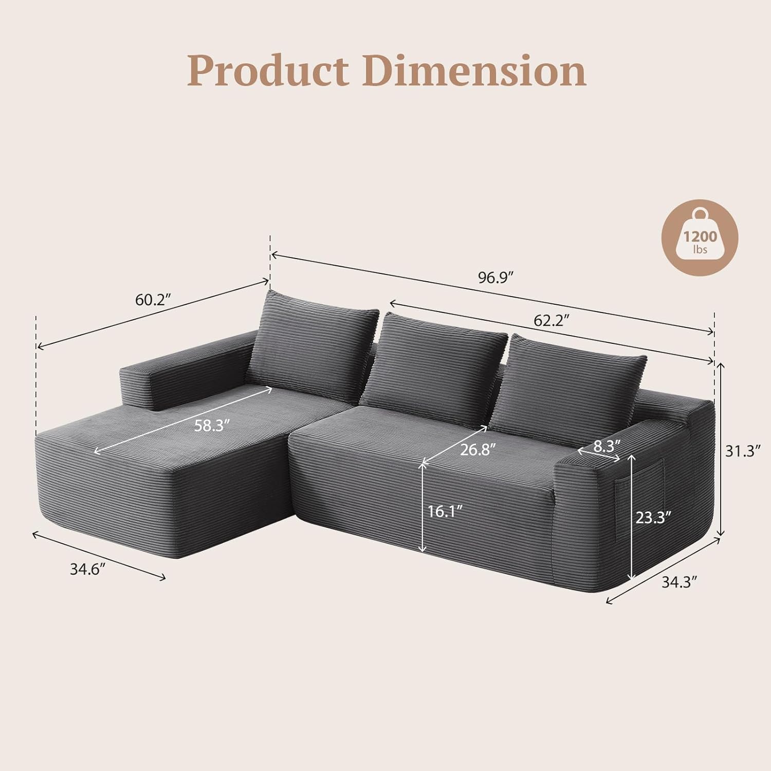 97inch Boneless L-Shaped Sectional Sofa with Throw Pillow & Side Pockets- No Assembly Compressed Modular Couch, Memory Foam, Deep Seat for Living Room, Bedroom, Apartment Grey Left