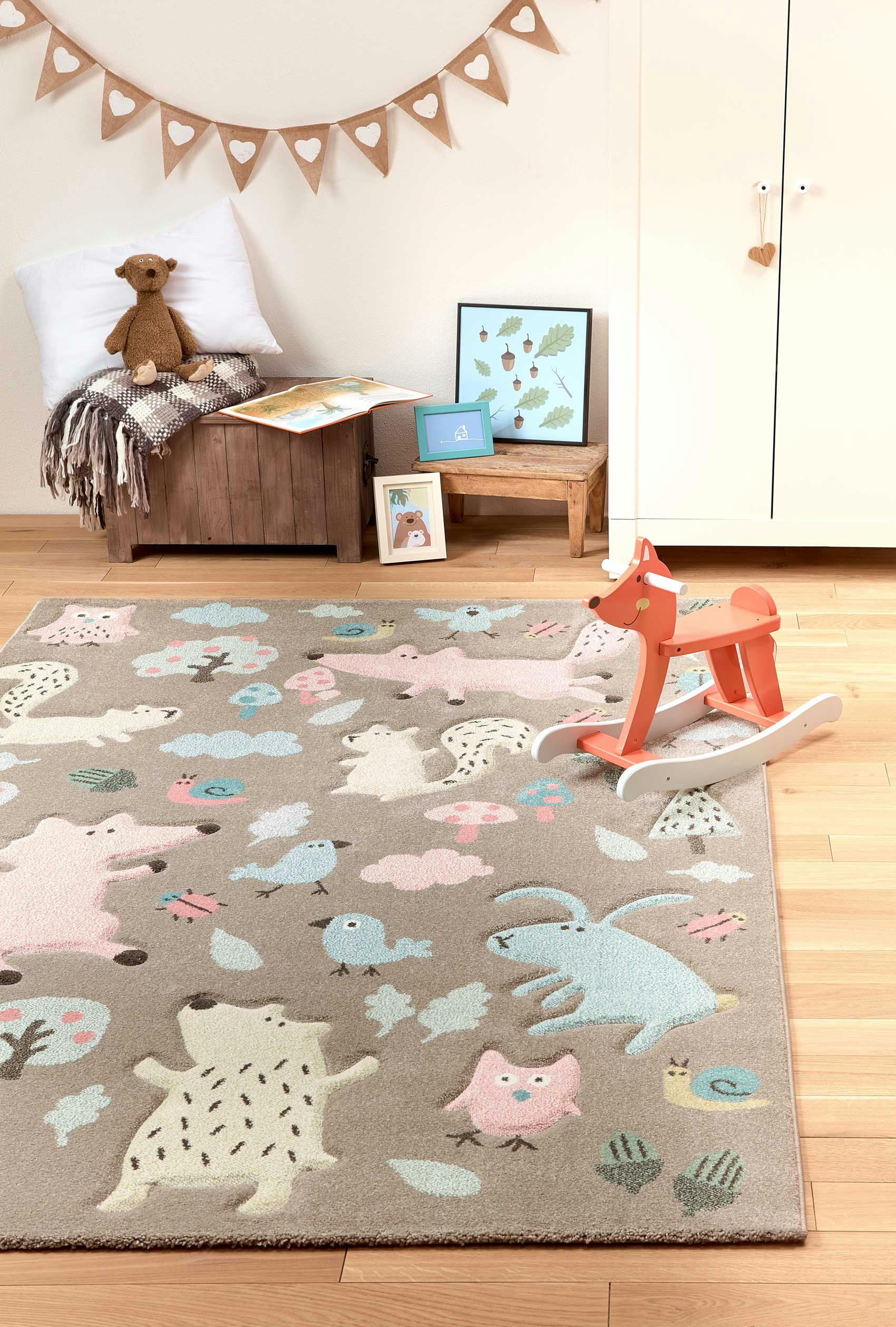 FOREST - Tapis enfant motif animaux forêt taupe 200x290