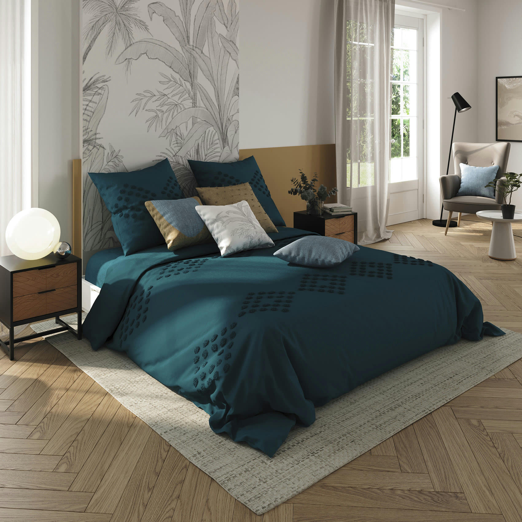 - Parure de lit en coton lavé bleu canard 240x220 cm