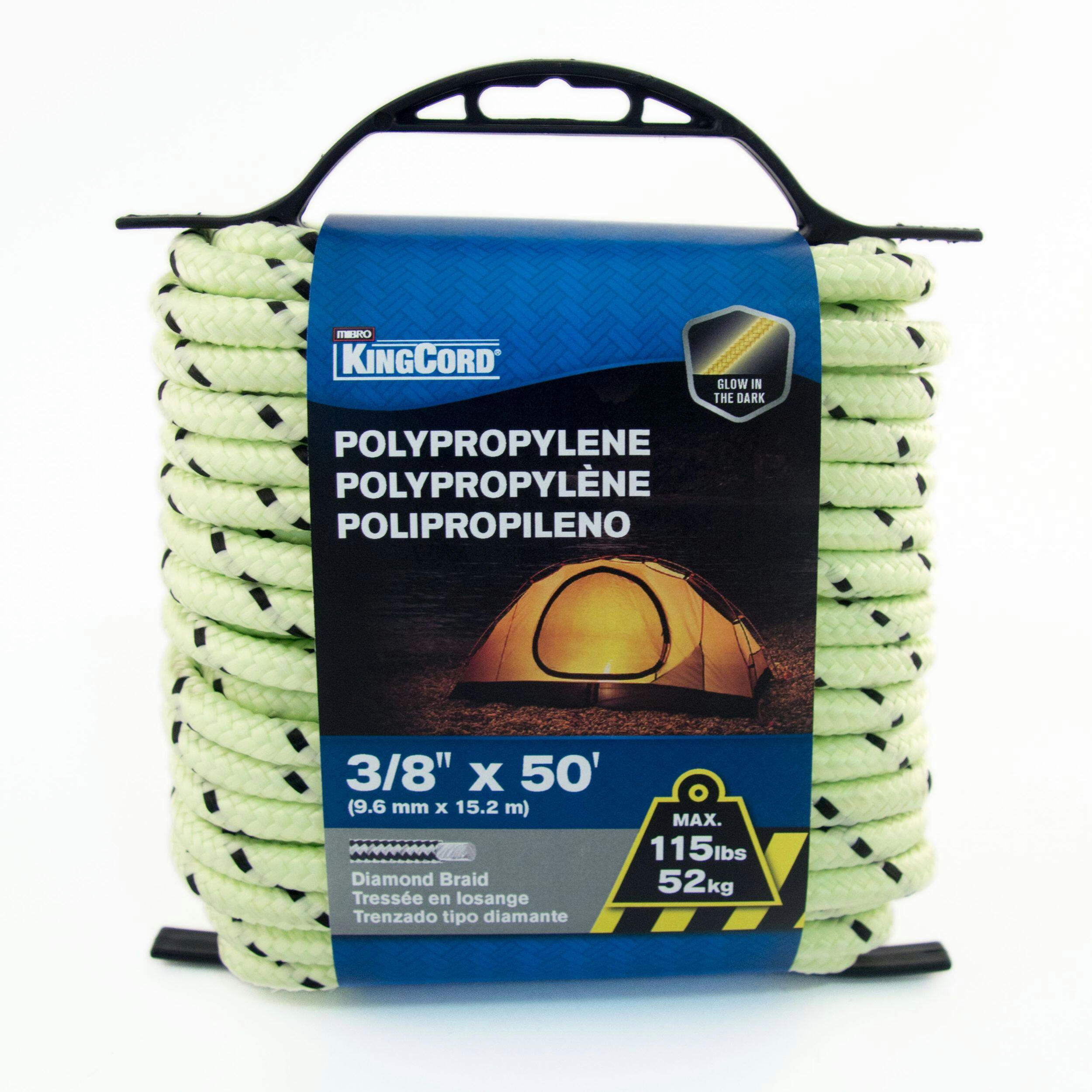 KingCord Glow-in-the-Dark Polypropylene Rope with Holder, High Visibility, Rechargeable, 3/8-in x 50-ft