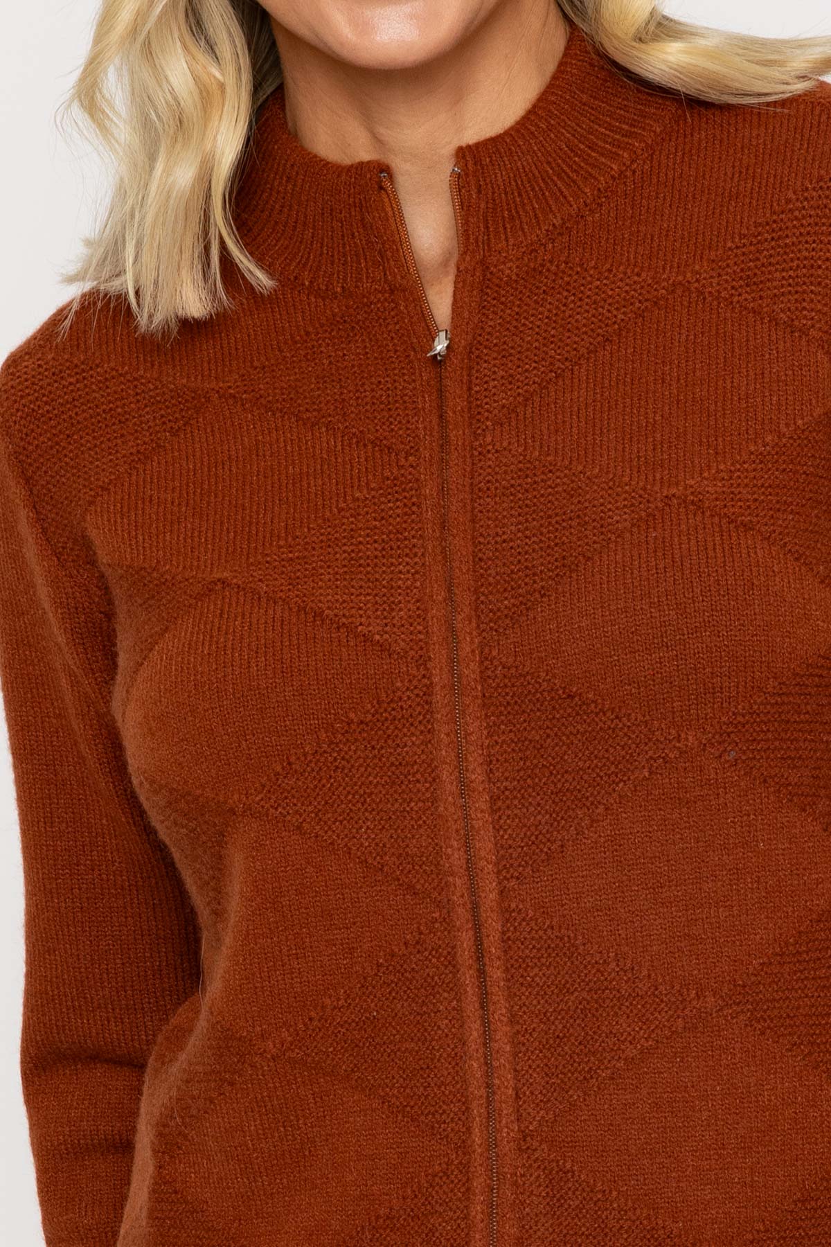 Rust Argyle Zip Cardigan