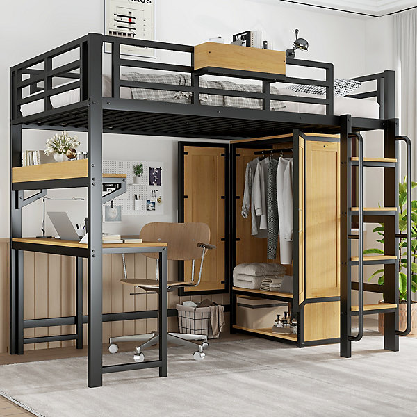Lit mezzanine 90x200 cm avec bureau, armoire double porte et étagères - métal robuste - noir   naturel - sans matelas
