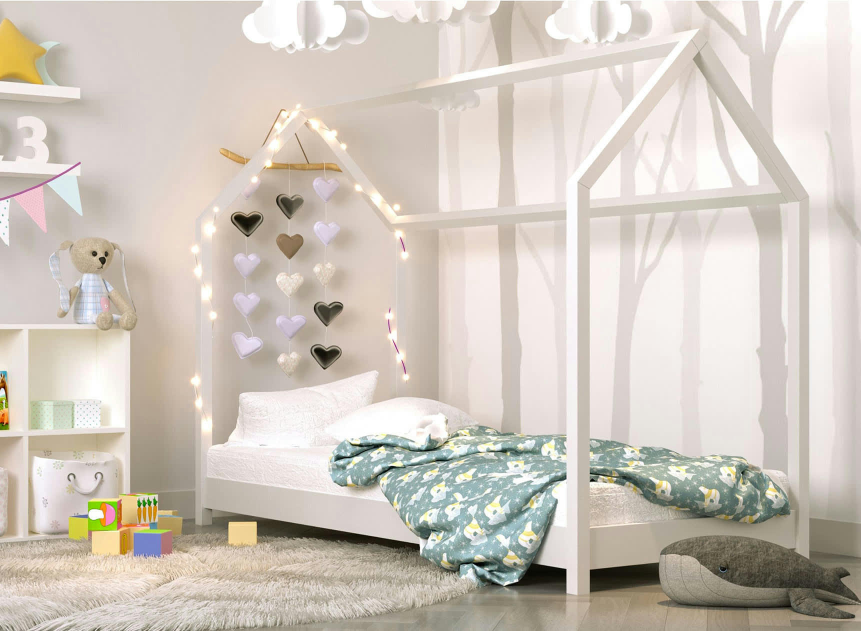 AXEL - Lit cabane 90x200 en pin massif Blanc