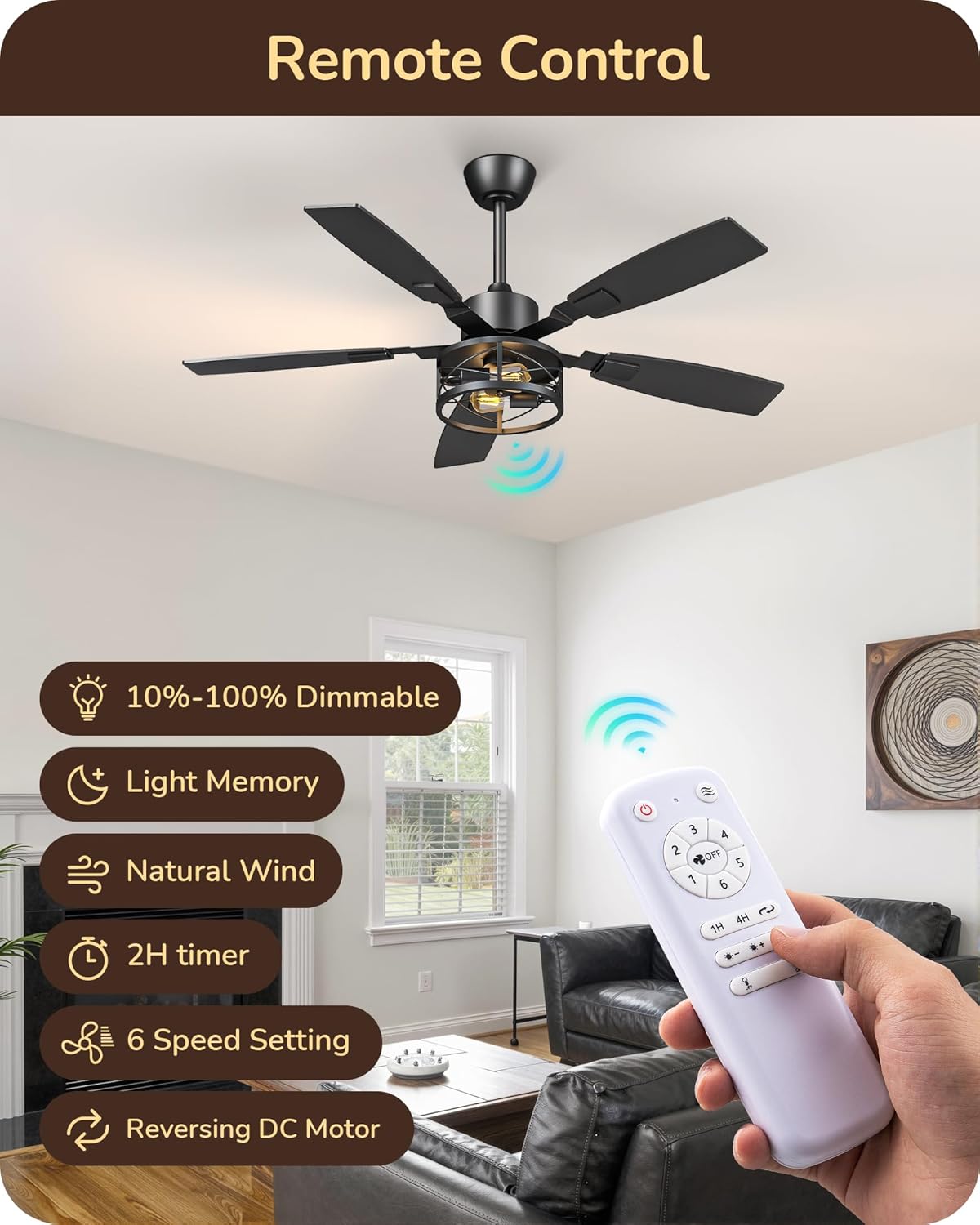 EDISHINE 52 Farmhouse Ceiling Fans with Lights and Remote, 10%-100% Dimmable, 6 Speeds, 5 Wood Blades, Reversible DC Motor, Timer, Quiet, Rustic Caged Fandelier Ceiling Fan for Bedroom Living Room