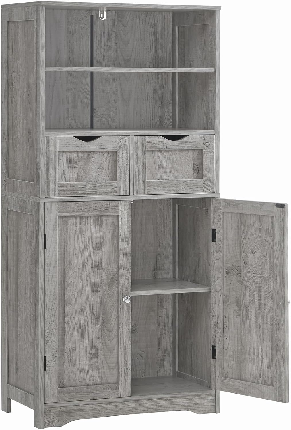 Iwell Storage Cabinet with 2 Drawers & Adjustable Shelf, Tall Bathroom Cabinet with Doors, Cupboard, Kitchen Cabinets for Living Room, Dining Room, Entryway, Grey