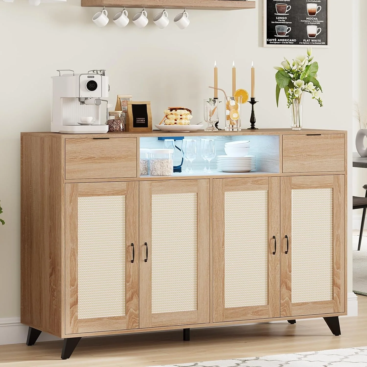 Rattan Sideboard Buffet Cabinet,4 Doors 2 Drawers Accent Storage Cabinet,Table Coffee Bar