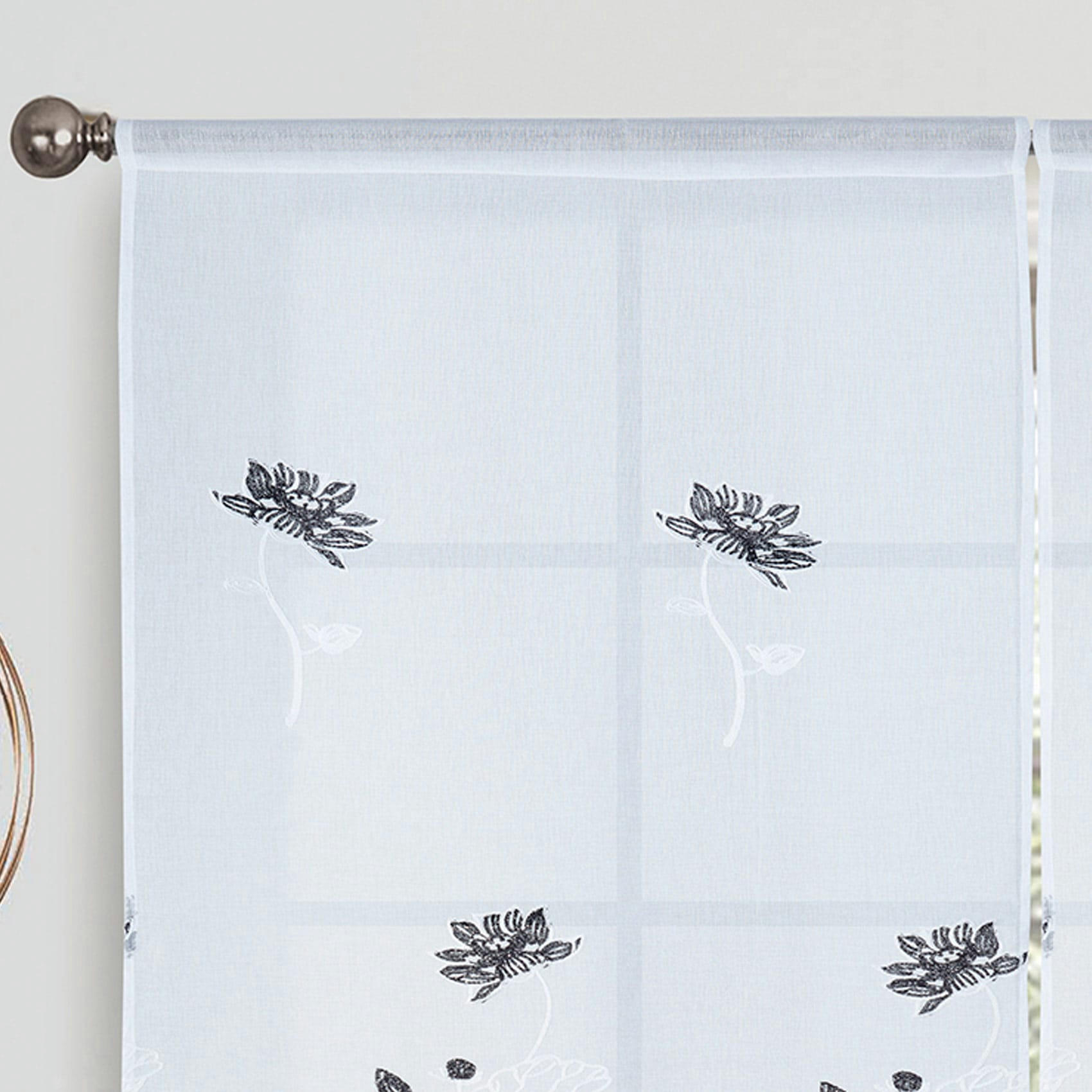 - Paire de vitrages brodée à fleurs polyester noir 90x220 cm