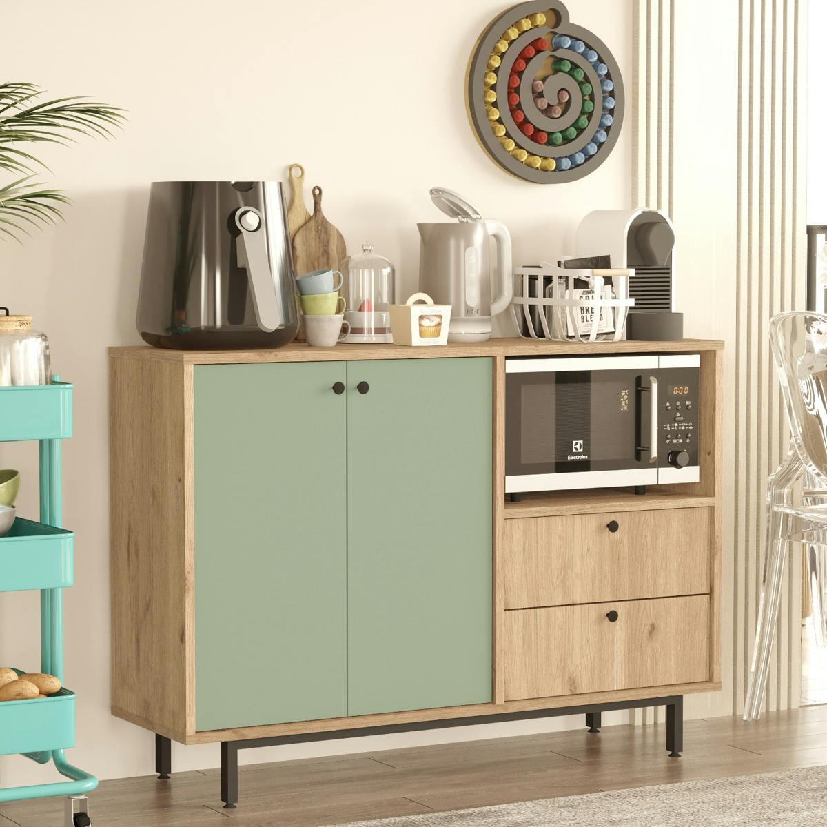 Meuble rangement cuisine 2 portes sauge 2 tiroirs JENA