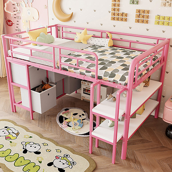 Lit Mezzanine 90x200 cm - Lit Enfant avec Tiroirs et étagères, Angles Arrondis - Sans Matelas - Métal et MDF - Rose