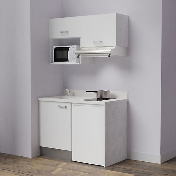 Kitchenette K02 - 120 cm - façades Blanc - Plan monobloc en quartz coloris Snova évier à gauche