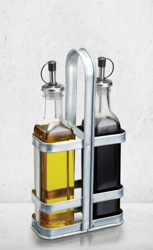 Kamenstein Glass Oil and Vinegar Cruet/Dispenser Set with Steel Rack Stand, 3-pc