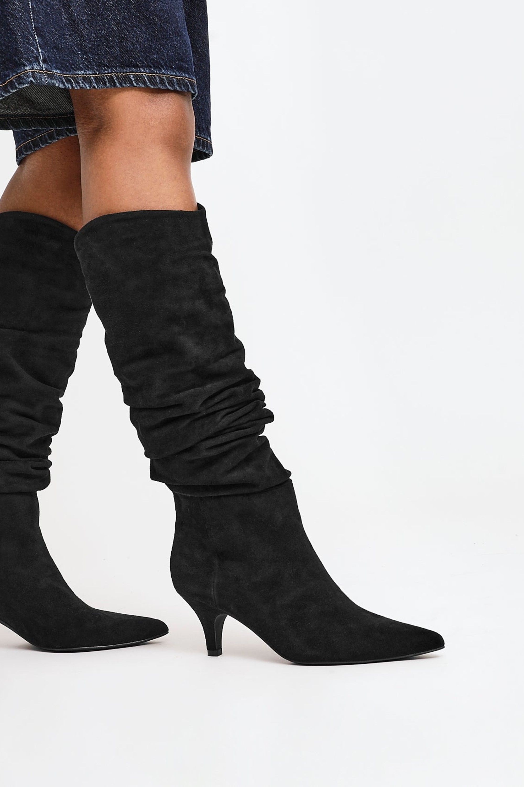 Linzi Esteem Black Faux Suede Ruched Kitten Heel Knee High Boot