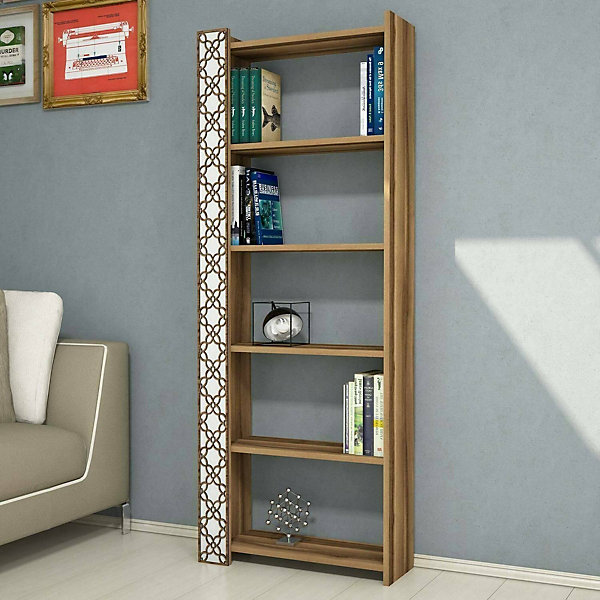 Bibliothèque Vele, Etagère de bureau, Porte-livre mobile, Librairie, 65x24h170 cm, Noyer et Blanc