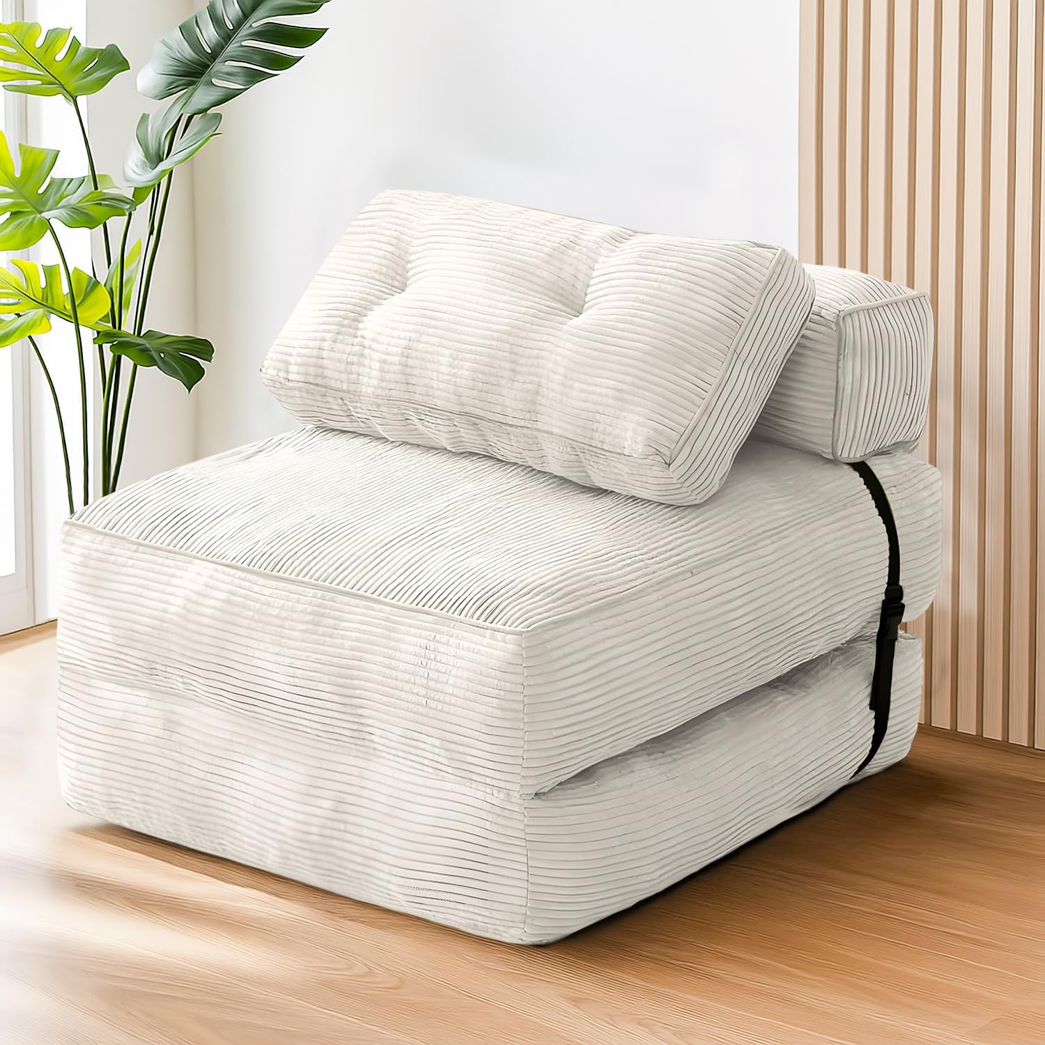 tantohom Folding Sofa Bed, Convertible Sleeper Chair with Pillow Foldable Mattress with Back Support,Space-Saving Sofa for Living Room,Bedroom (White)