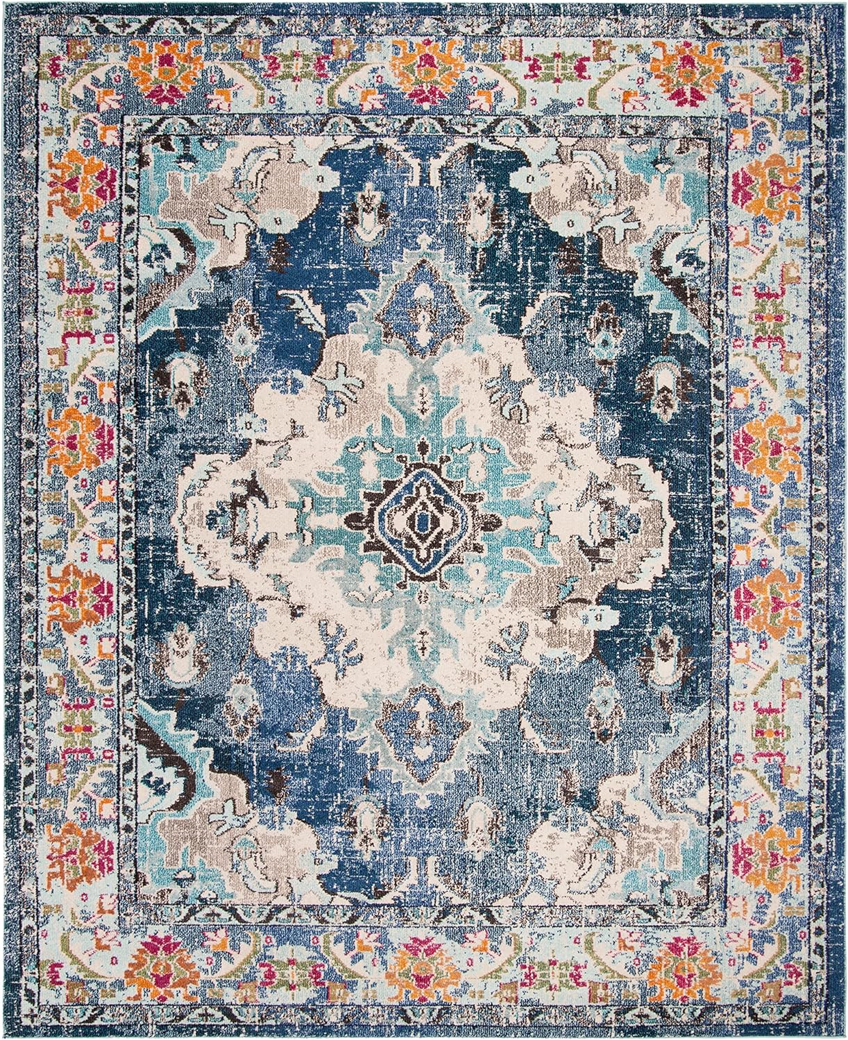 SAFAVIEH Monaco Collection Area Rug - 9' x 12', Navy & Light Blue, Non-Shedding & Easy to Clean, Distressed Medallion Design, Ideal for Living Room, Bedroom, Dining Space (MNC243N)
