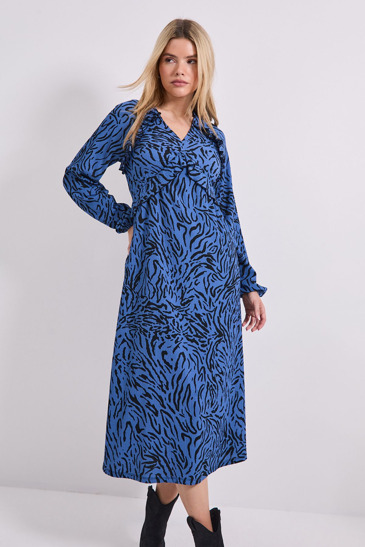 Dorothy Perkins Blue Zebra Empire Seam Frill Detail Jersey Midi Dress