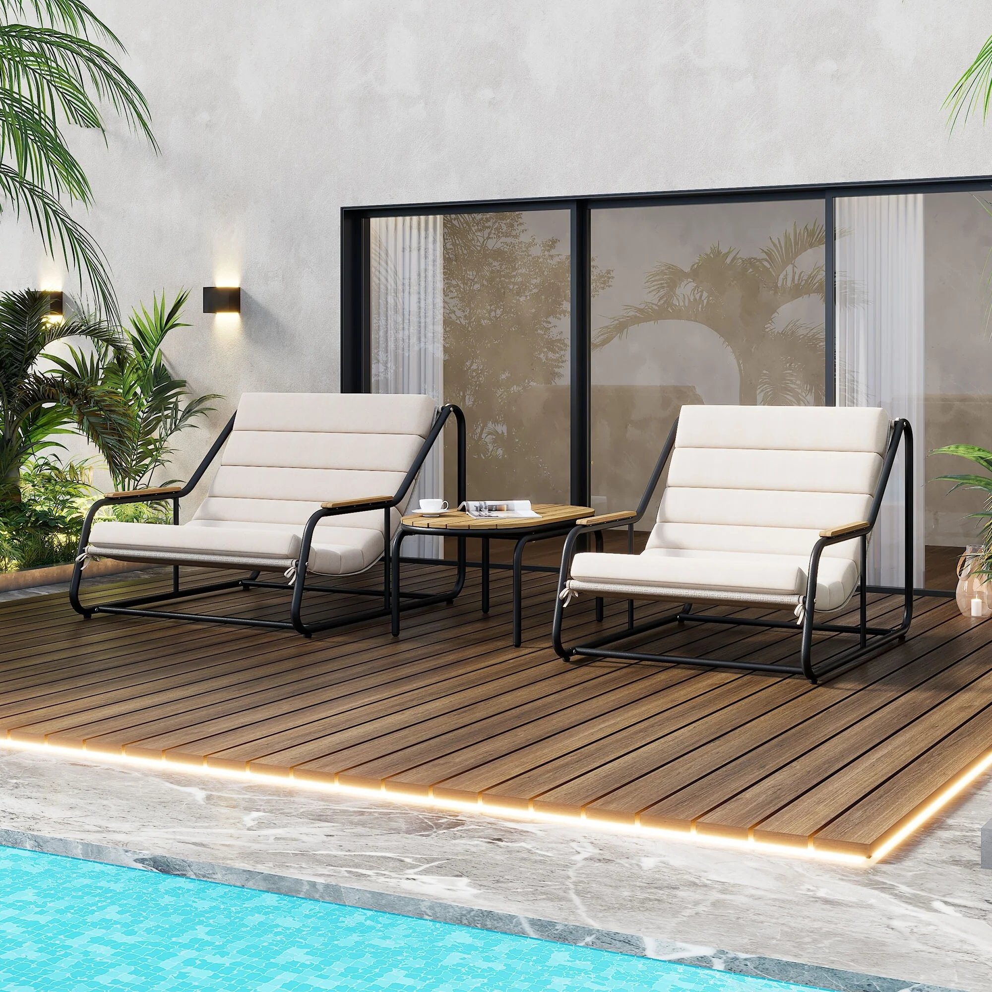 Outdoor Chaise Lounge Chairs Set of 3, Patio Chaise Lounge Chair with Acacia Side Table