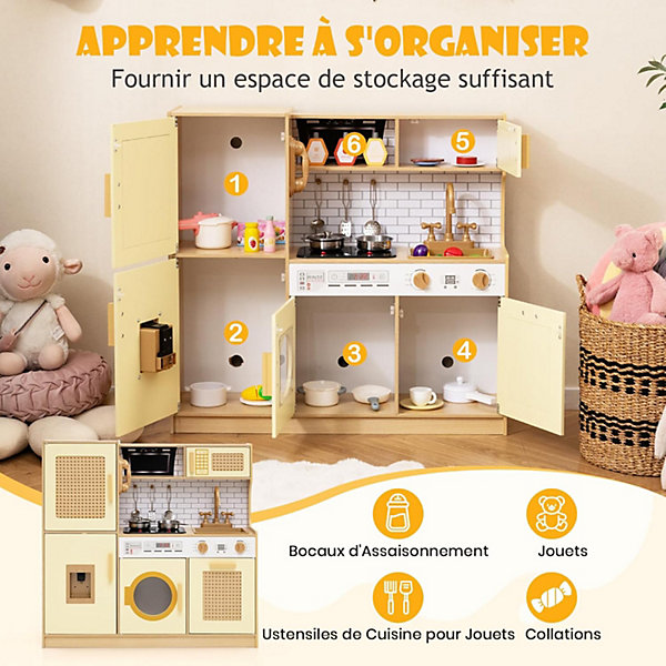 Cuisine Enfant avec Effets Sonores et Lumineux, avec Robinet Rotatif, Cuisinière et Cafetière, Jeu d'Imitation de Chef (Jaune)
