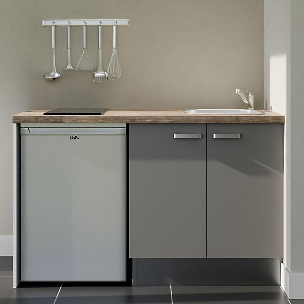 Kitchenette K17 façades Gris - Plan de travail Bois - Crédences : Non - Evier inox - Electroménager Inox inclus