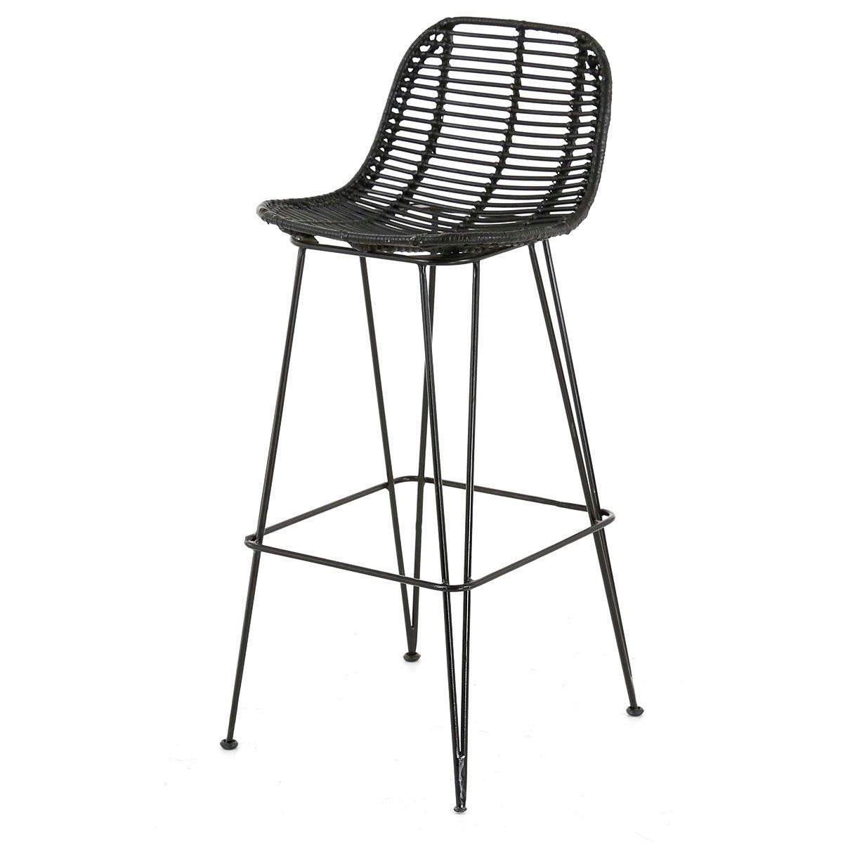 FRESH - Chaise plan de travail rotin noir piètement métal noir h 65 cm