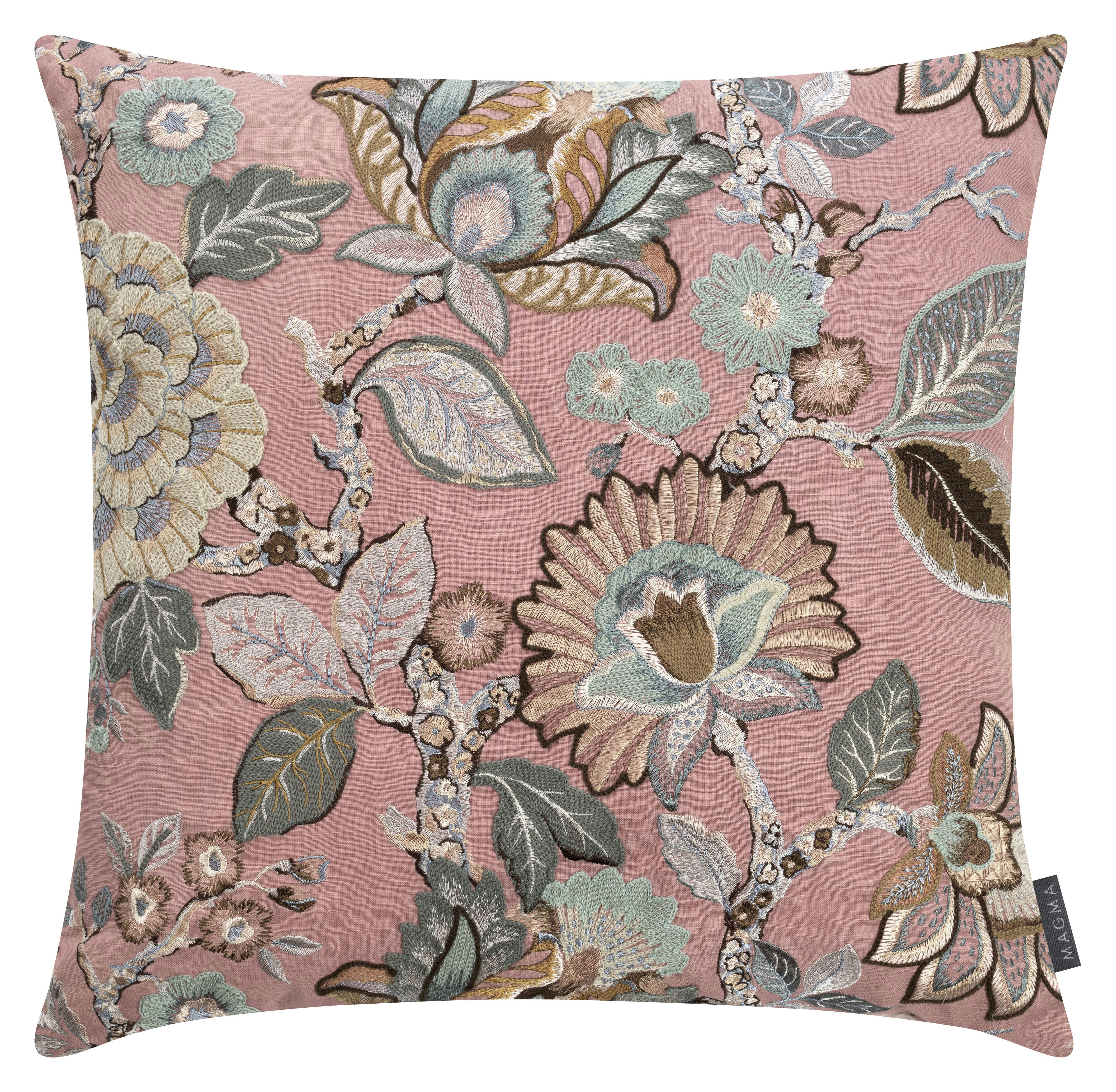 DUNYA - Housse de coussin brodée à fleurs sur fond rose coton 60x60