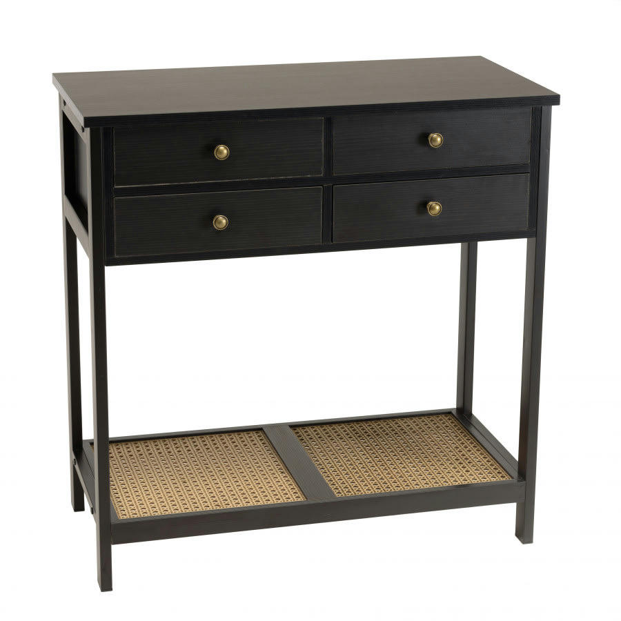 CHARLIE - Console noire 4 tiroirs 1 étagère effet cannage