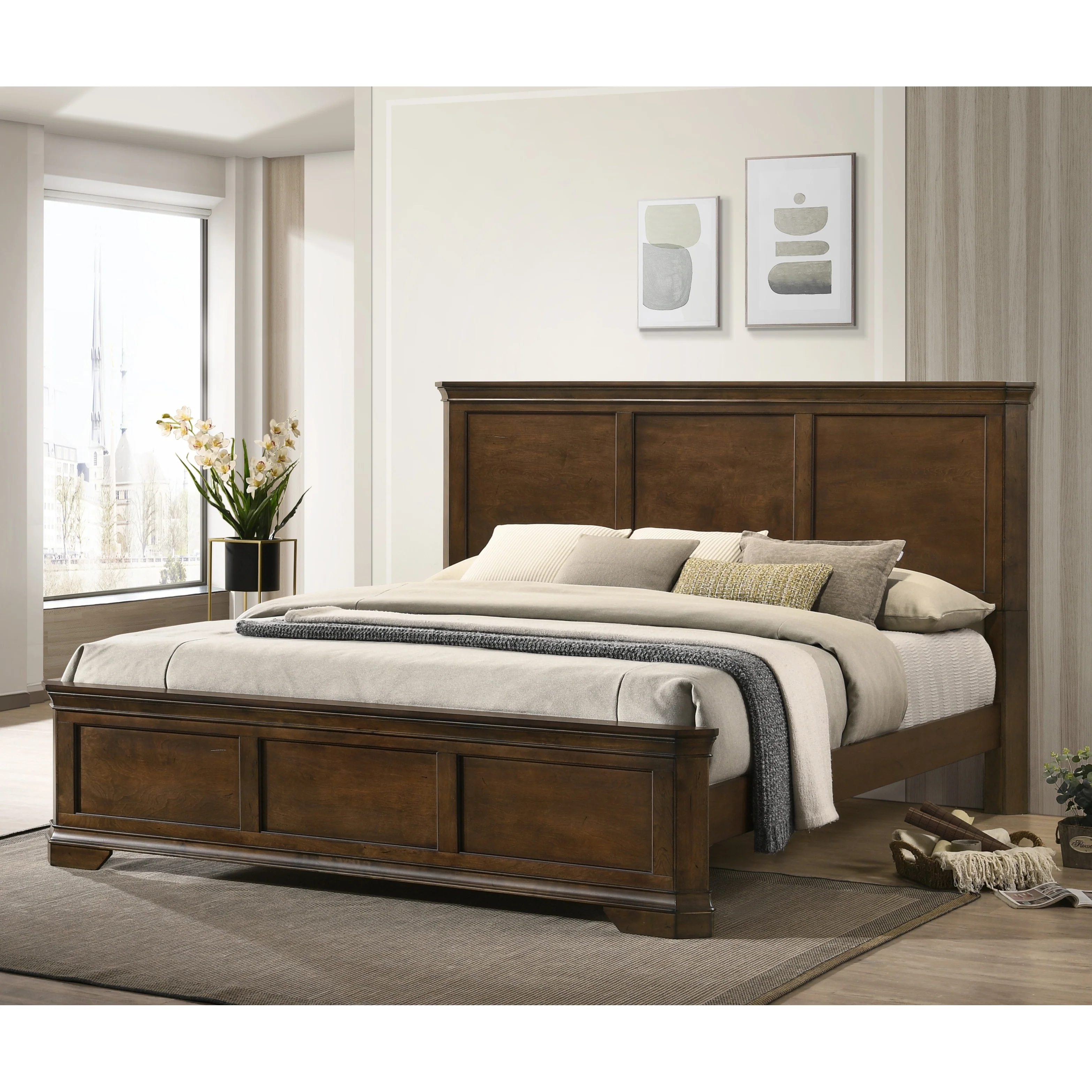Roundhill Furniture Maderne Traditional Wood Panel Bed with Dresser, Mirror, Nightstand, Antique Walnut Finish