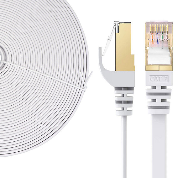 Elfcam - 20m Câble Ethernet RJ45 Cat7 Flat Blanc, 10Gbps 600MHz, Cuivre, SFTP, Anti-Bruit, PC, Modem, Routeur