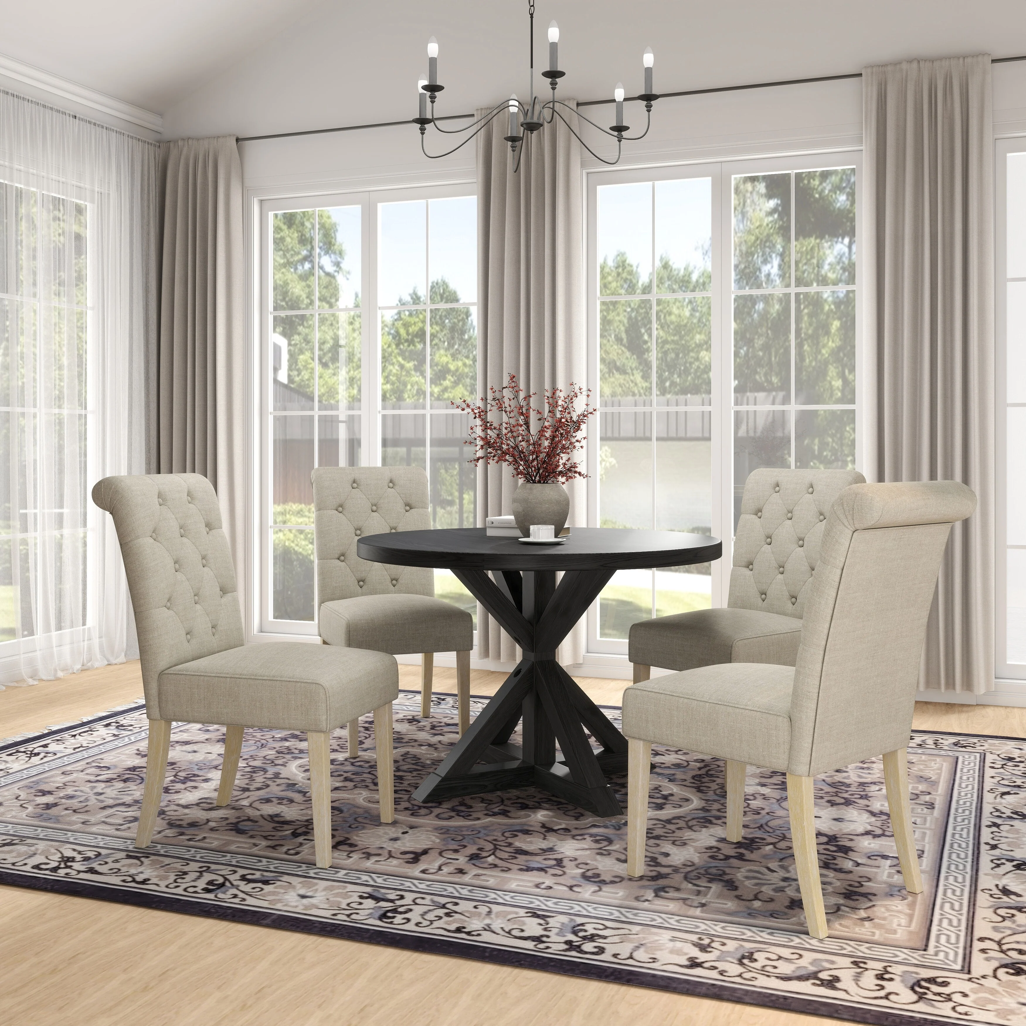 5 Piece Retro Round Dining Table Set with Cross-Buck Table Leg and 4 Upholstered Tufted Chairs, for Kitchen, Dining Room