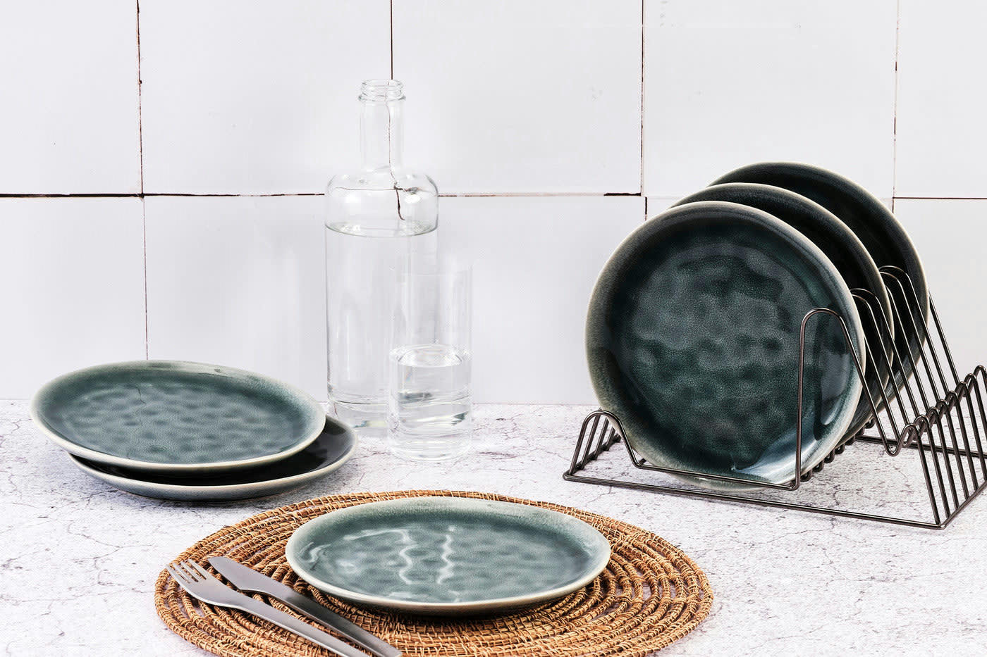 MOON - Lot de 6 assiettes à dessert en grès bleu D21