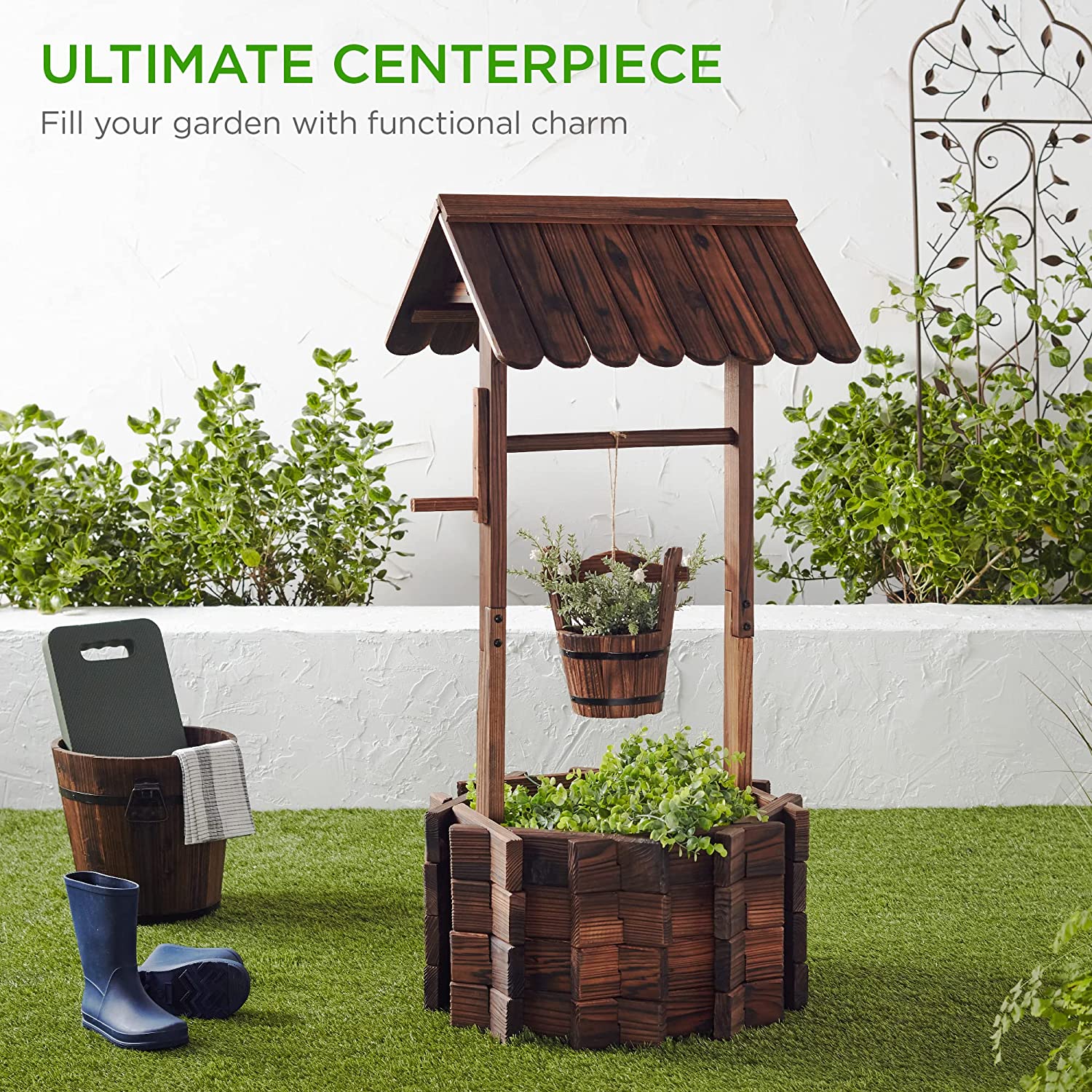 Best Choice Products Rustic Wooden Wishing Well Planter Outdoor Home D茅cor for Patio, Garden, Yard w/Hanging Bucket
